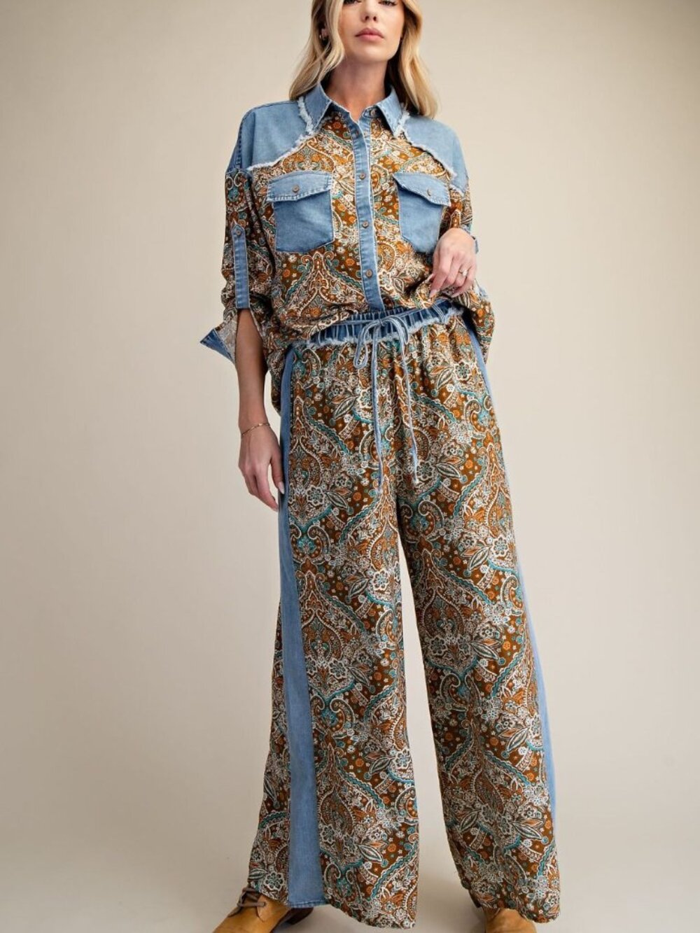 EASEL PRINT MIX WASHED DENIM SHIRT 85% RAYON 15% POLYESTER